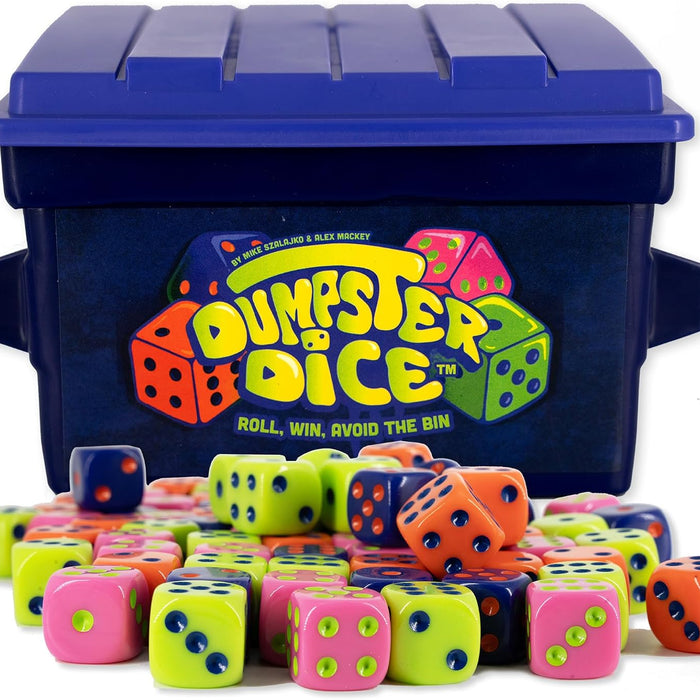Blue container with 'Dumpster Dice' logo and colorful dice outside