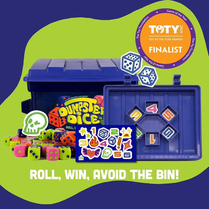 Dice game set with colorful dice and packaging on a green and blue background, featuring the Toy of the Year Award logo.