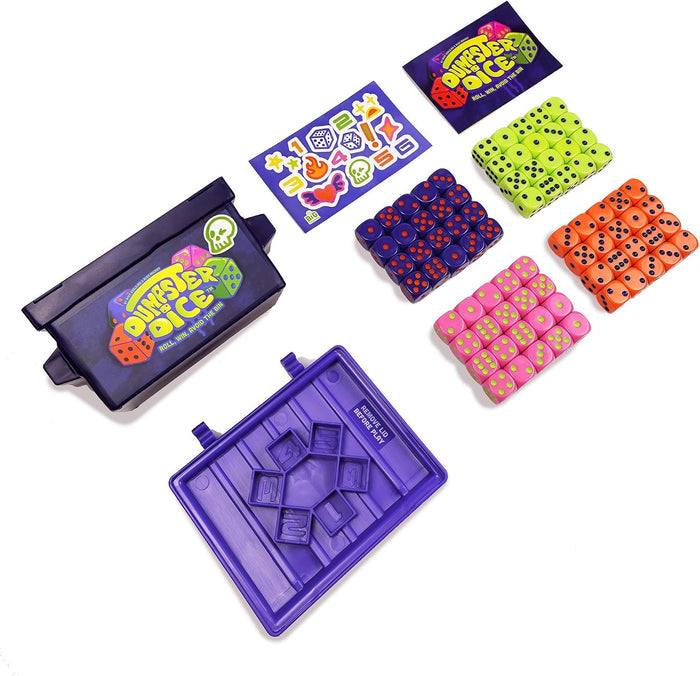 Colorful dice set with a purple carrying case on a white background