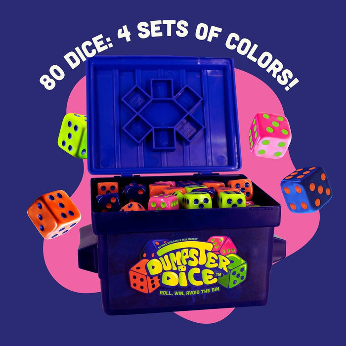 Blue dice storage box with colorful dice and 'Dumber's Dice' logo on a dark blue background.