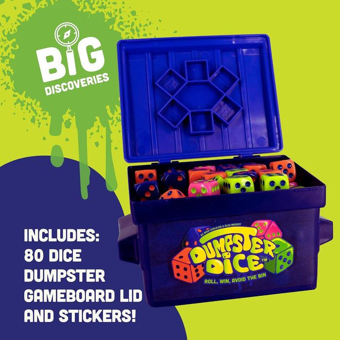 Blue dice storage box with colorful dice and gameboard lid on a green background, featuring 'BIG DISCOVERIES' branding.