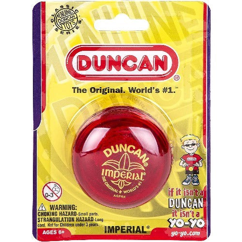 Red Duncan yo-yo in packaging with brand logo and warning label.