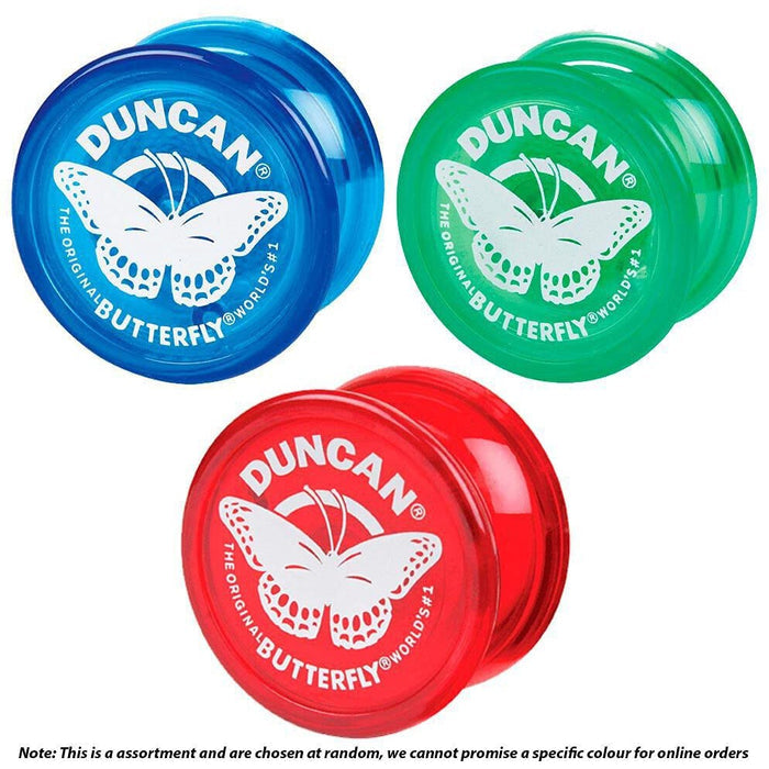 A red, green, and blue Butterfly yoyo on a white background