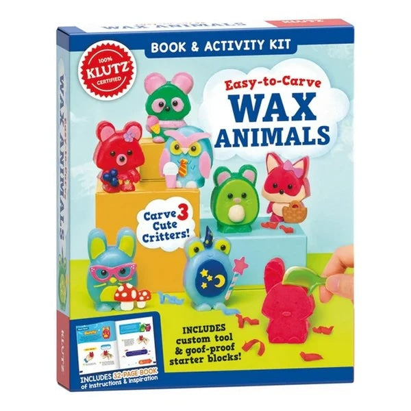 A product packaging for Easy-to-Carve Wax Animals kit by Klutz, featuring images of colorful animal figurines and crafting materials.