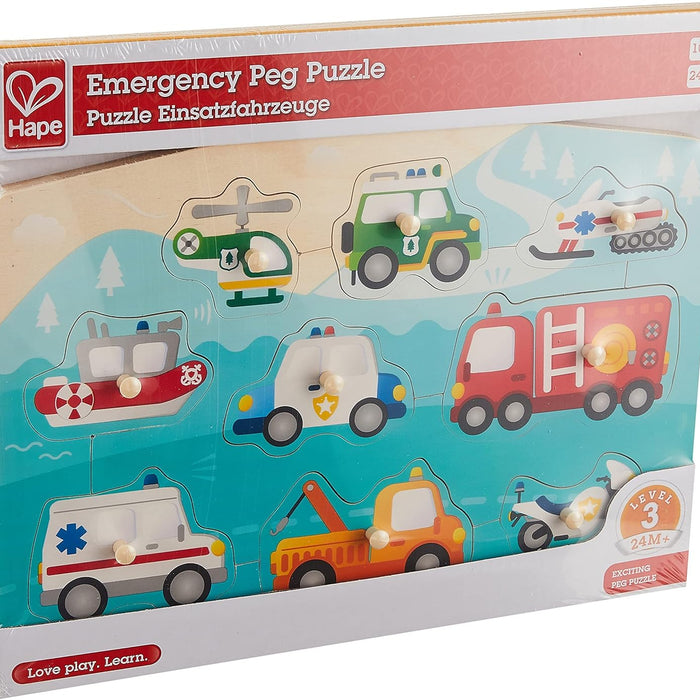 Hape Emergency Peg Puzzle packaging with illustrations of emergency vehicles on a blue background