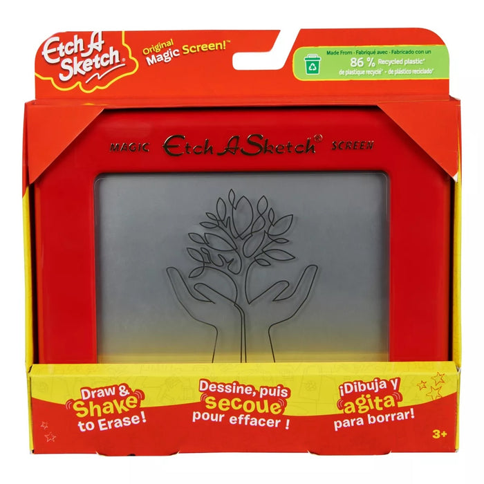 Etch A Sketch magic screen packaging with a tree and hand design.