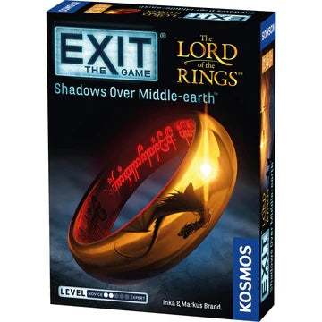 Box cover for the EXIT game titled 'The Lord of the Rings: Shadows Over Middle-earth'. The cover features a dark, eerie image of Middle-earth with a focus on a golden ring and a dragon.