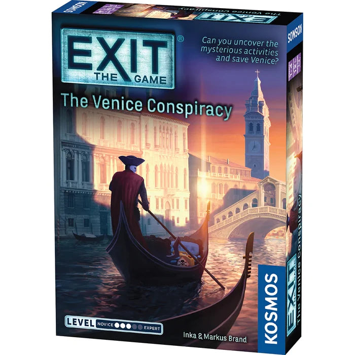 Board game box for 'Exit: The Game - The Venice Conspiracy' by Kosmos with a gondolier and cityscape illustration.