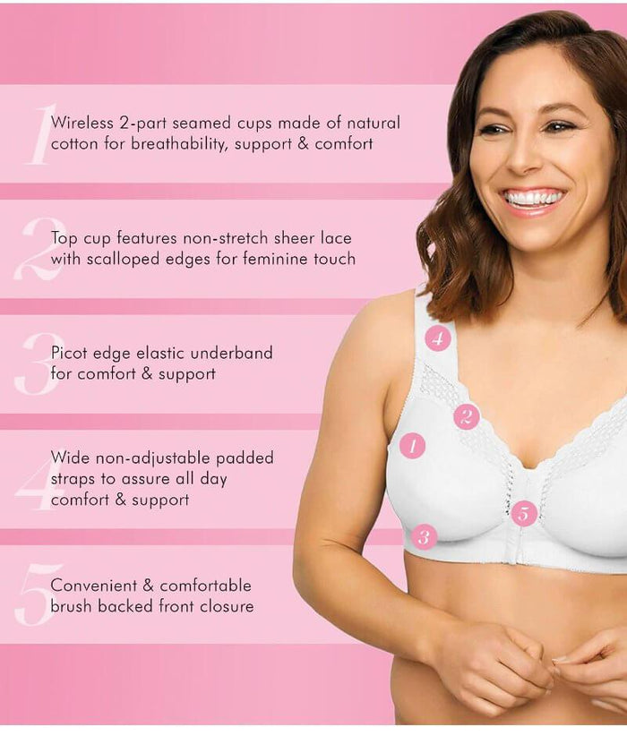 Exquisite Form Fully Front Close Cotton Posture Bra With Lace - White Bras