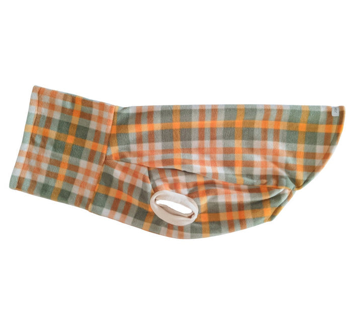 Green and orange plaid fleece dog sweater with turtleneck, flat side view