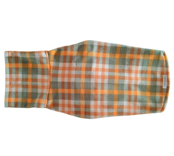Green and orange plaid fleece dog sweater with turtleneck, flat back view