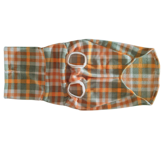 Green and orange plaid fleece dog sweater with turtleneck, flat underbelly view