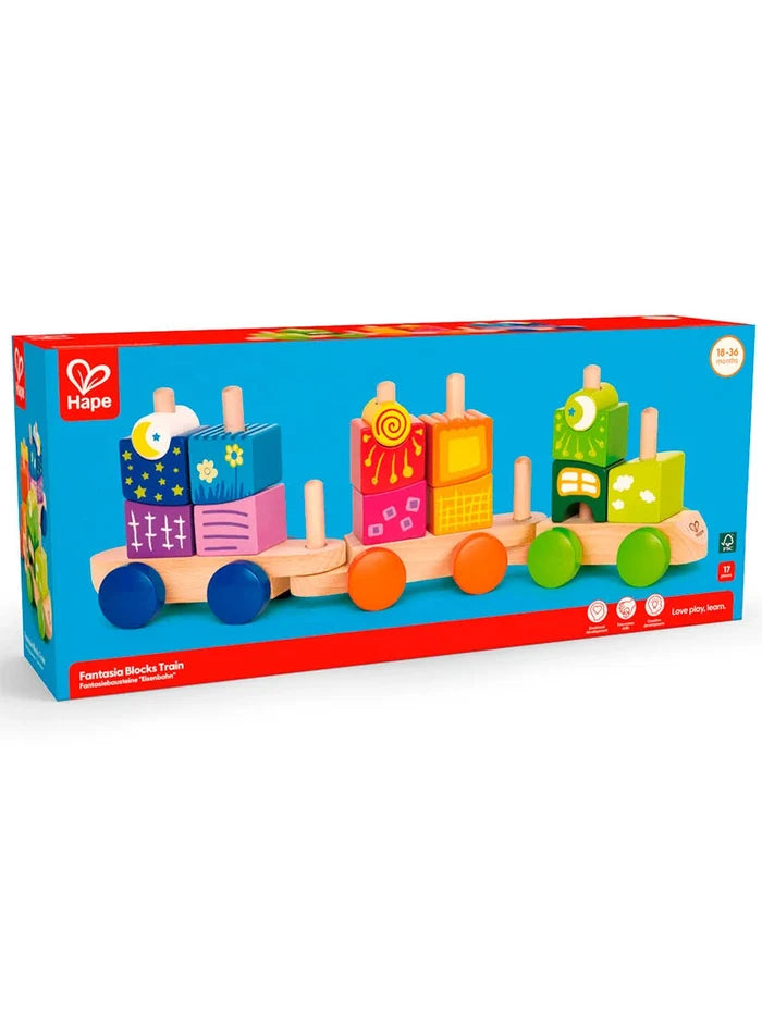 Colorful wooden toy train set in Hape packaging on a white background