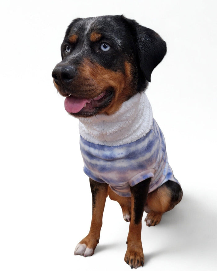 Fantasia purple tie-dye fleece dog sweater with white sherpa turtleneck on black dog, sitting