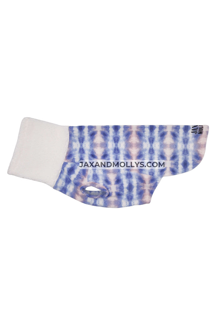 Side view of pink and purple tie-dye fleece dog sweater with faux sherpa turtleneck