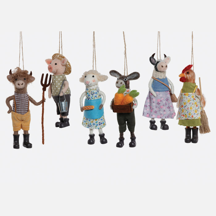 Farm Animal Wool Ornament, Set of 6 Assorted