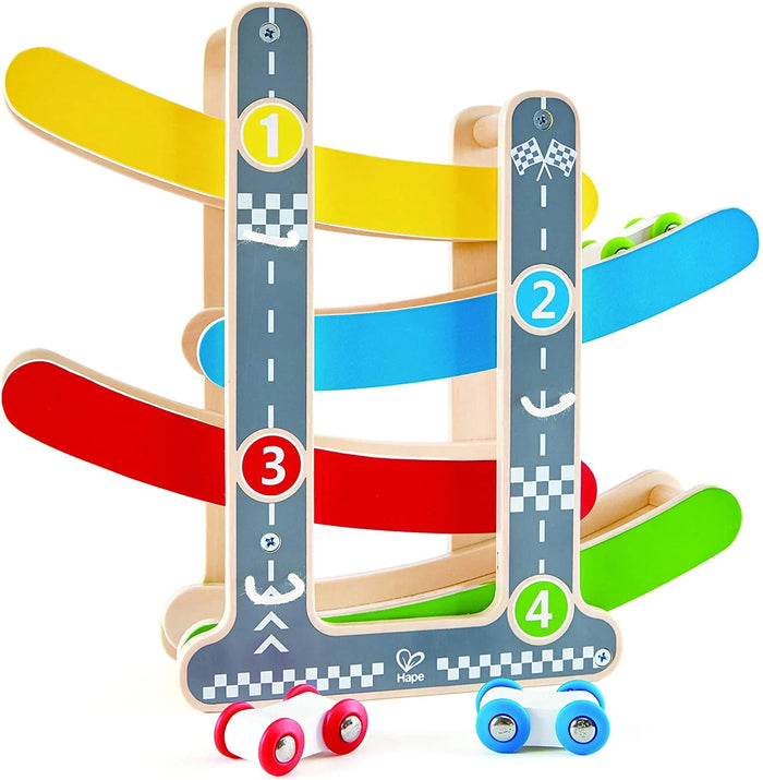 Colorful wooden toy track with numbered sections and small cars on a white background