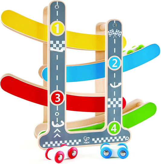 Colorful wooden toy track with numbered sections and small cars on a white background