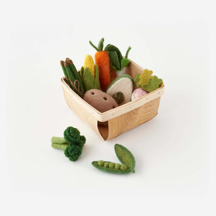 Felt Farmers Market Veggies w/ Crate Set featuring colorful felt vegetables in a wooden crate.
