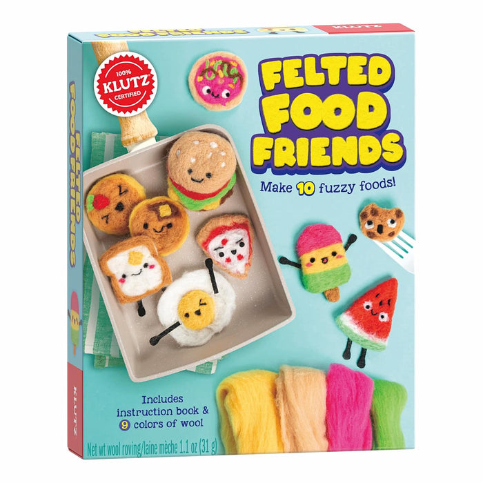 Box of Felted Food Friends craft kit with colorful felt food items and wool on a blue background.