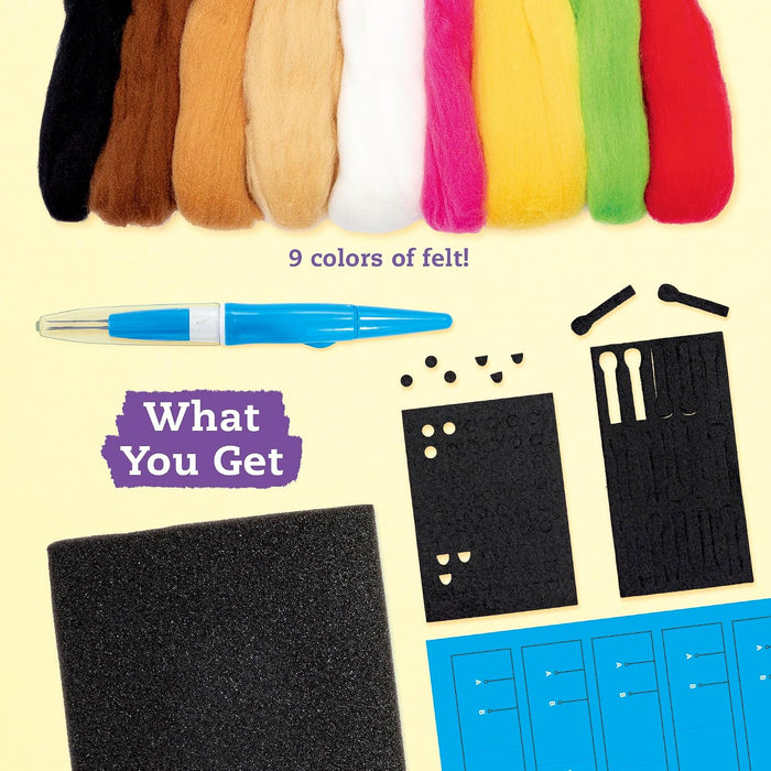 A felt crafting kit laid out on a pale yellow background, showing nine colors of felt strips across the top, a blue pen, foam pieces, tool cards, and text reading 'What You Get' and '9 colors of felt!'.