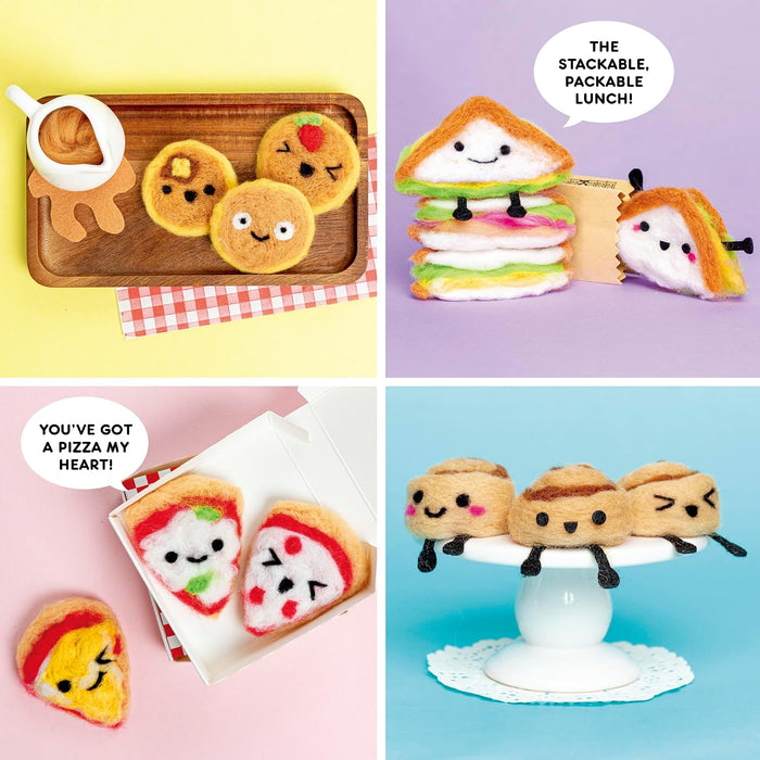 A 2x2 collage showing four cute, handcrafted plush sandwich and pizza characters in different color combinations, each styled on a pastel background with playful props and speech bubbles.