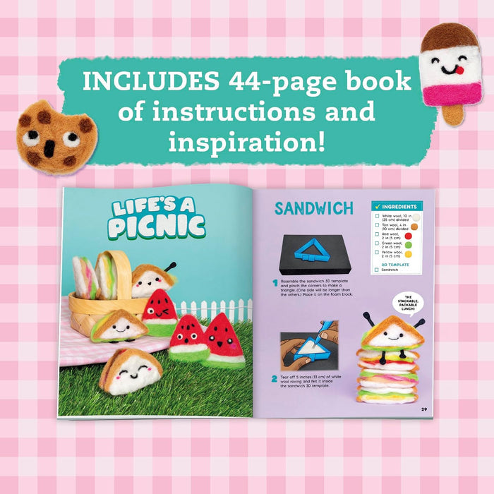 A pink-and-white gingham background with a large teal banner reading 'INCLUDES 44-page book of instructions and inspiration!' above an open illustrated booklet showing a 'Life's a Picnic' page and a sandwich-making instruction page.