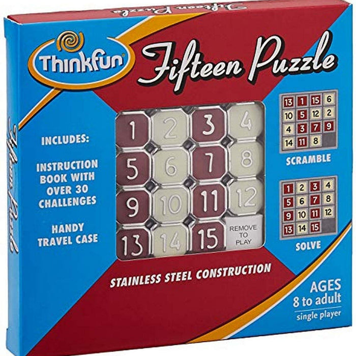 Thinkfun Fifteen Puzzle packaging with numbers and puzzle pieces.
