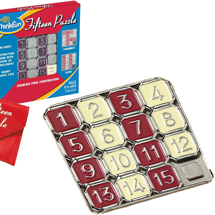 Thinkfun Fifteen Puzzle with packaging and carrying case on a white background
