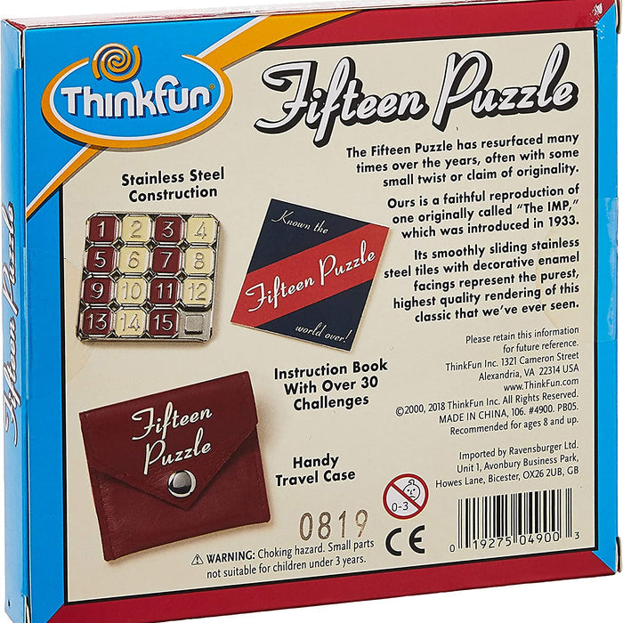 Thinkfun Fifteen Puzzle packaging with puzzle pieces and travel case illustration