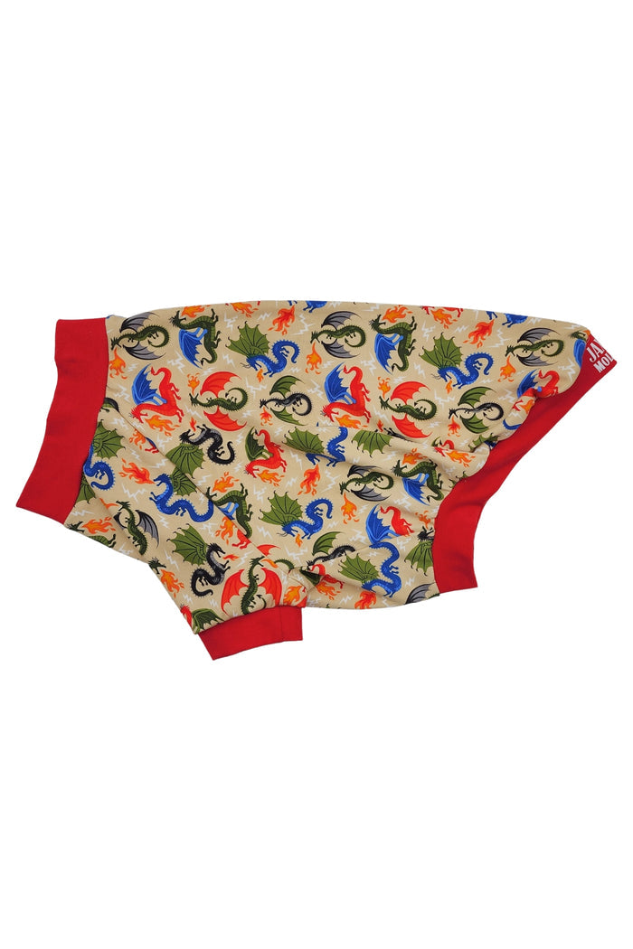 Side view of Fire Dragon cotton spandex dog pajamas showing colorful dragon print and trim