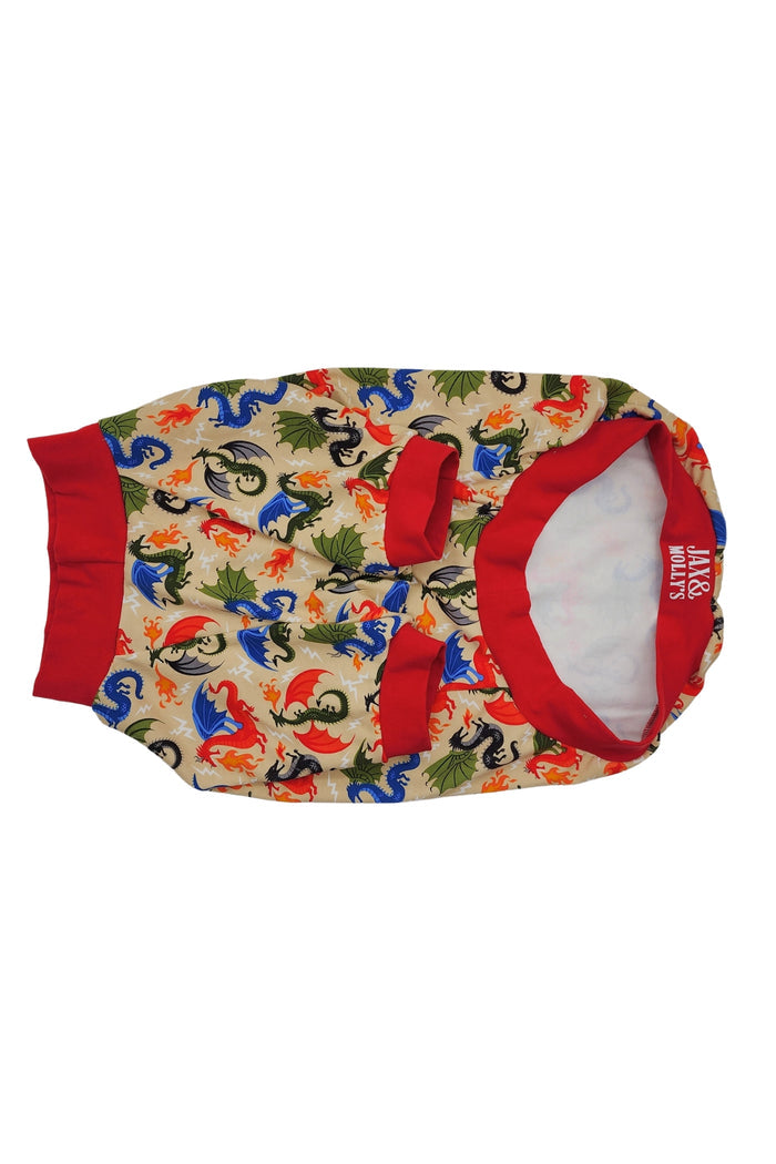 Underbelly view of Fire Dragon dog pajamas highlighting cotton spandex fit and construction