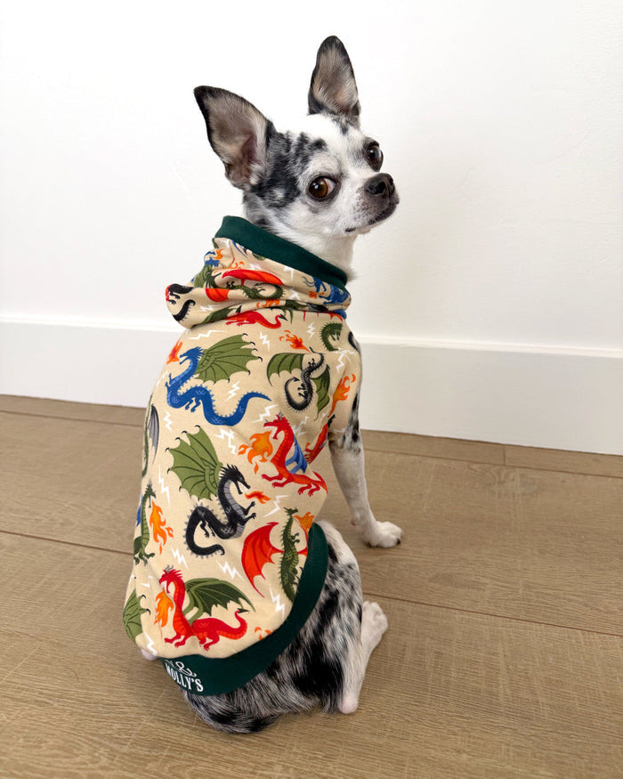 Fire dragon lightweight cotton-spandex dog hoodie on Chihuahua, sitting back view detail