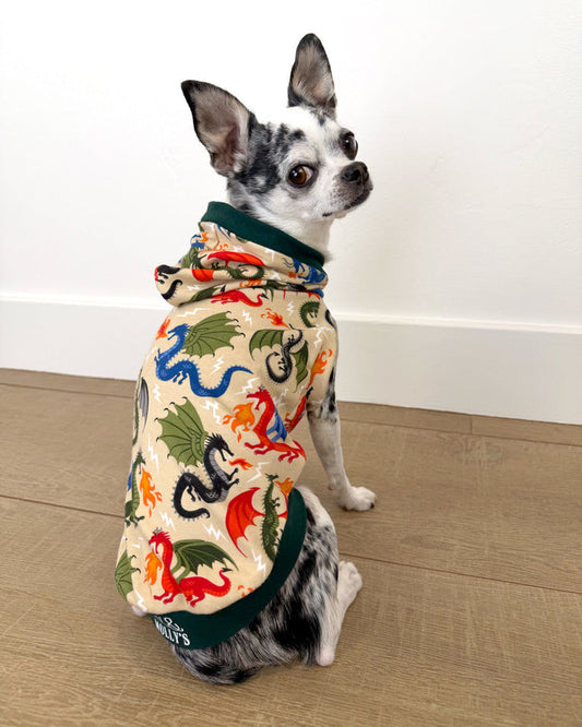 Fire dragon lightweight cotton-spandex dog hoodie on Chihuahua, sitting back view detail