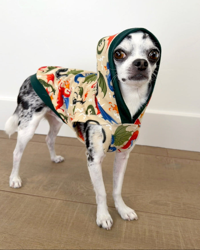 Fire dragon lightweight cotton-spandex dog hoodie on dog, front view with hood up