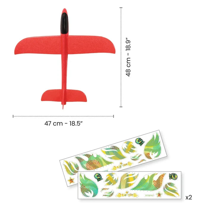 Red toy airplane with dimensions and two sets of green stickers on a white background