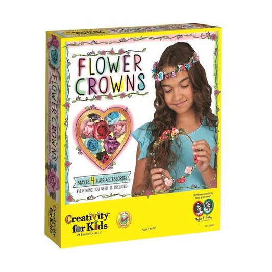 Box of Creativity for Kids Flower Crowns craft kit with a girl wearing a flower crown.