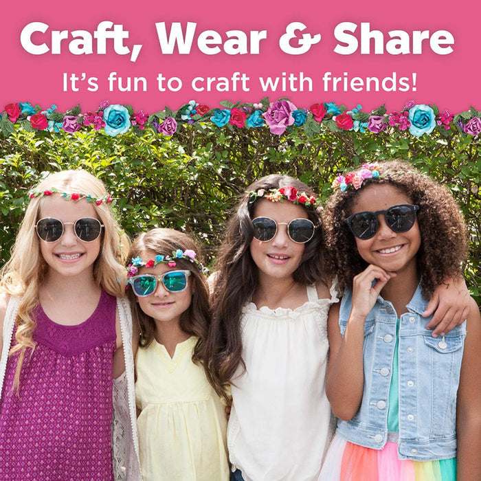 Four young girls in sunglasses wearing flower crowns outside with text 'Craft, Wear, Share'