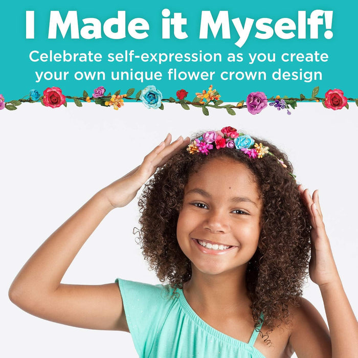 Young girl wearing a flower crown with text 'I made it myself!'