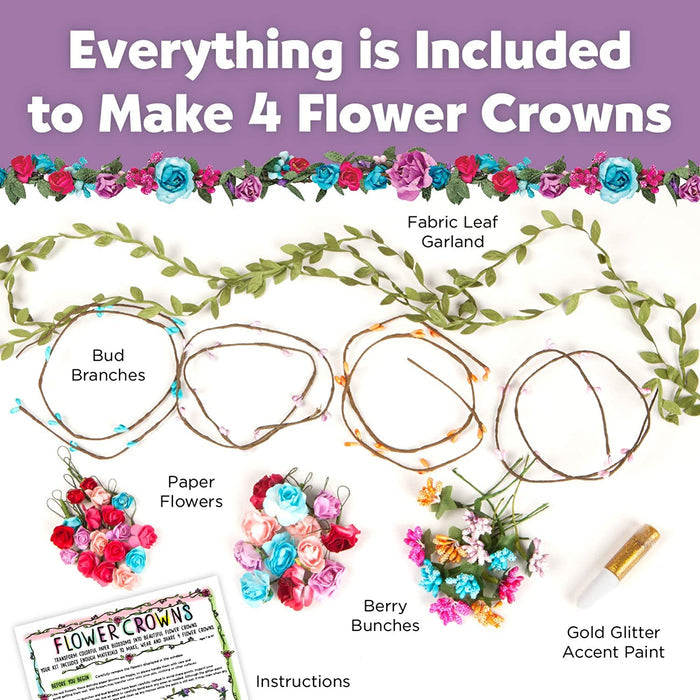 Contents of Flower Crown craft kit with text "Everything is included to make 4 Flower Crowns'