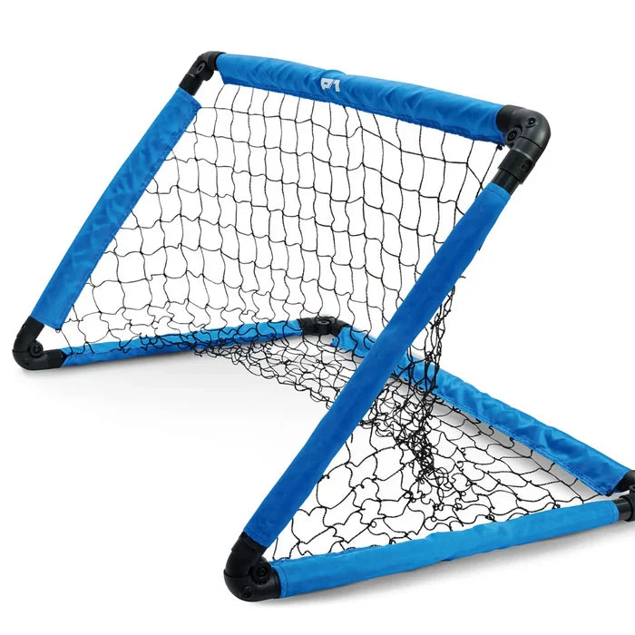 Blue Soccer Goal net with black frame on a white background