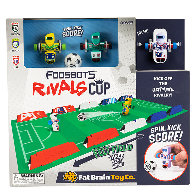 Foosbots Rivals Cup packaging with toy figures and game board, featuring Fat Brain Toy Co. branding.