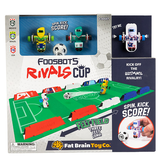Foosbots Rivals Cup packaging with toy figures and game board, featuring Fat Brain Toy Co. branding.