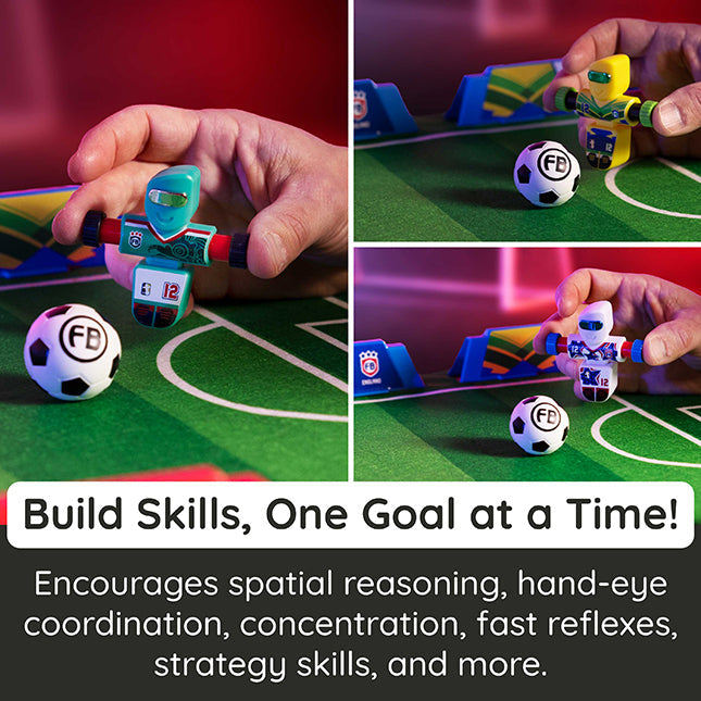 Collage of toy figures and soccer balls on a miniature field with promotional text.