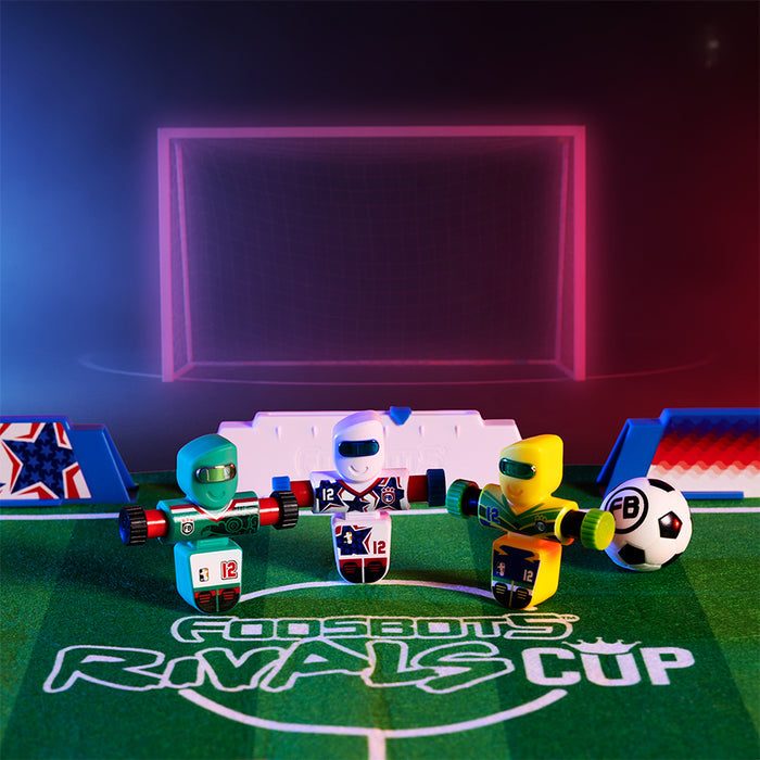 Toy robots on a field with 'Funsbots Rivals Cup' branding, neon lights in the background