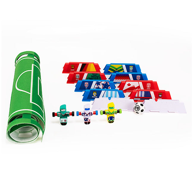 Toy set with flags, figures, and a green roll-up mat on a white background