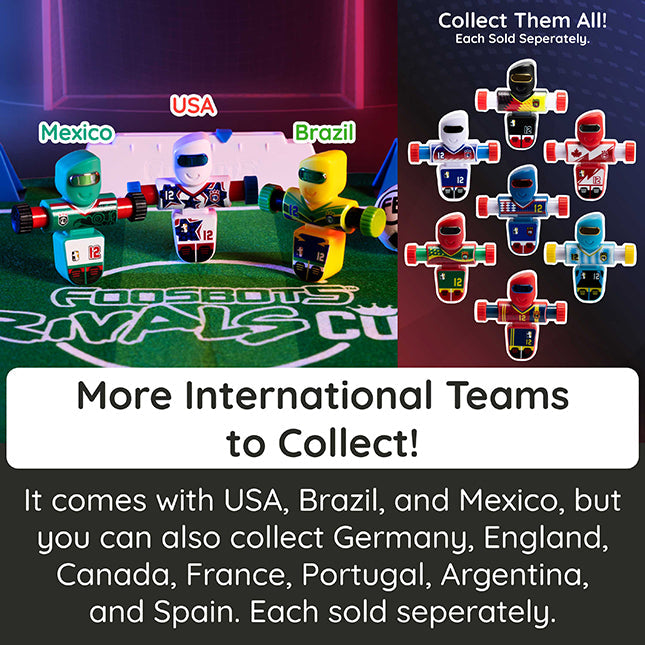 Toy Foosbots on a soccer field with text about international teams and collectible options.