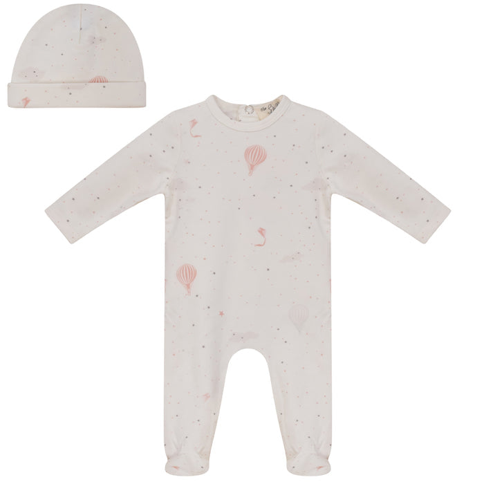 footie all over balloon print with beanie - ivory