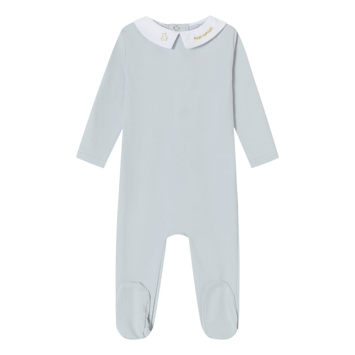 footie metallic collared emberoidery with knit wrap and bonnet - blue