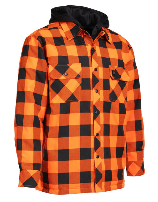 Forcefield Hi Vis Orange/Black Buffalo Plaid Hooded Quilt-Lined Flannel Shirt Jacket